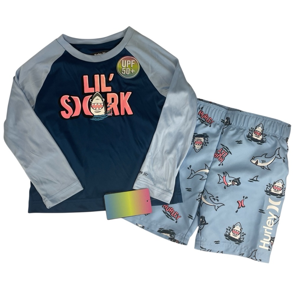 Hurley Lil' Shark Kids Long Sleeve Rashguard Swim Suit Trunks Set Size 3T NWT